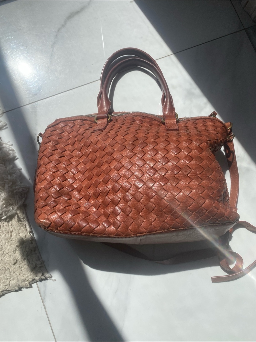 Woven Leather Satchel Handbag in Chestnut Brown